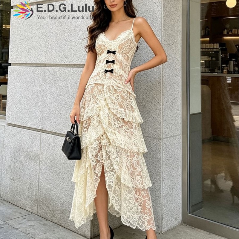Embroidery Yellow Dress - EDGLuLu V-Neck Single Row Bow Splicing
