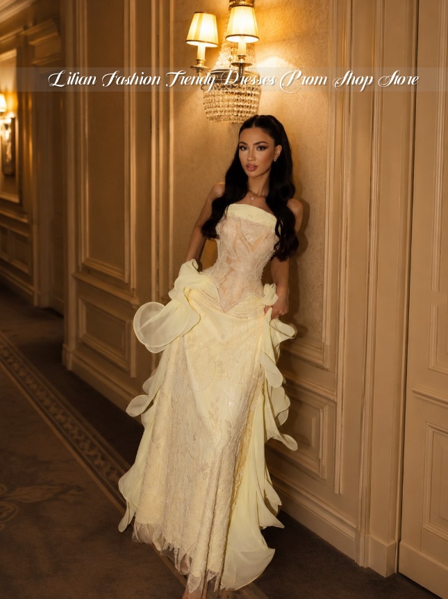 Pale Yellow Strapless Middle E - Embroidery Yellow Dress 评论和价格